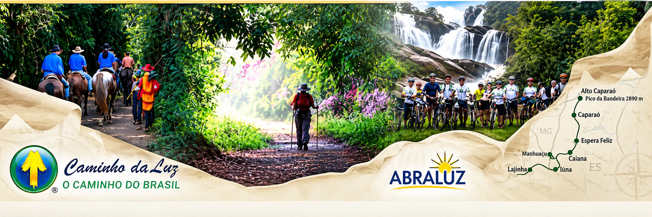 Caminho da Luz: peregrinos a cavalo e a pé, ciclistas, cachoeira, logotipos do Caminho da Luz e da ABRALUZ e mapa da rota até o Pico da Bandeira